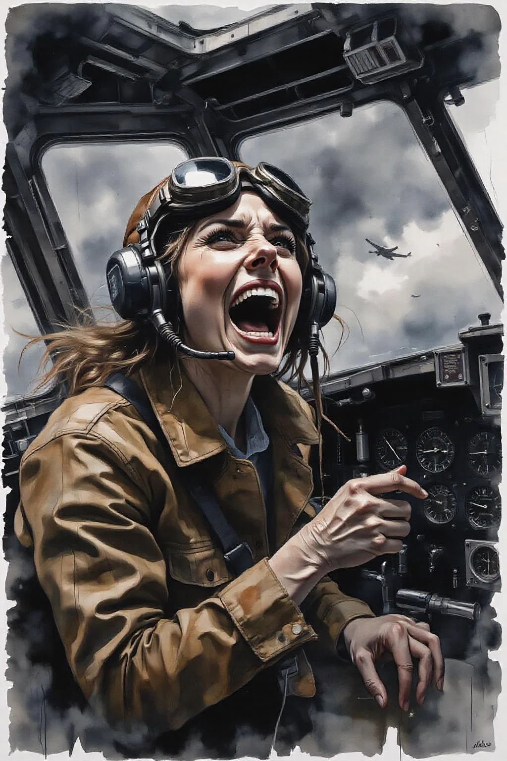 yawc1 watercolor.
a female pilot screaming inside the cockpit of a WWII bomber. The pilot, wearing a vintage leather flight helmet with goggles and a brown bomber jacket, grips the controls with white-knuckled hands. Her face is contorted in a mix of fear and determination as she yells, her eyes wide with adrenaline. The cockpit is cramped and filled with old-fashioned dials and gauges, with the outside view showing dark stormy clouds and distant anti-aircraft fire. The scene is lit by the eerie glow of the instrument panel, casting harsh shadows across her face, emphasizing the intensity and danger of the moment. High contrast, dynamic composition, gritty and realistic, with a cinematic feel. <lora:yawcolor_nocap_d4a2:1.0> <lora:schnell_v1.0:1.0><lora:798379127200697934:0>