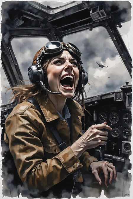 yawc1 watercolor.
a female pilot screaming inside the cockpit of a WWII bomber. The pilot, wearing a vintage leather flight helmet with goggles and a brown bomber jacket, grips the controls with white-knuckled hands. Her face is contorted in a mix of fear and determination as she yells, her eyes wide with adrenaline. The cockpit is cramped and filled with old-fashioned dials and gauges, with the outside view showing dark stormy clouds and distant anti-aircraft fire. The scene is lit by the eerie glow of the instrument panel, casting harsh shadows across her face, emphasizing the intensity and danger of the moment. High contrast, dynamic composition, gritty and realistic, with a cinematic feel. <lora:yawcolor_nocap_d4a2:1.0> <lora:schnell_v1.0:1.0><lora:798379127200697934:0>