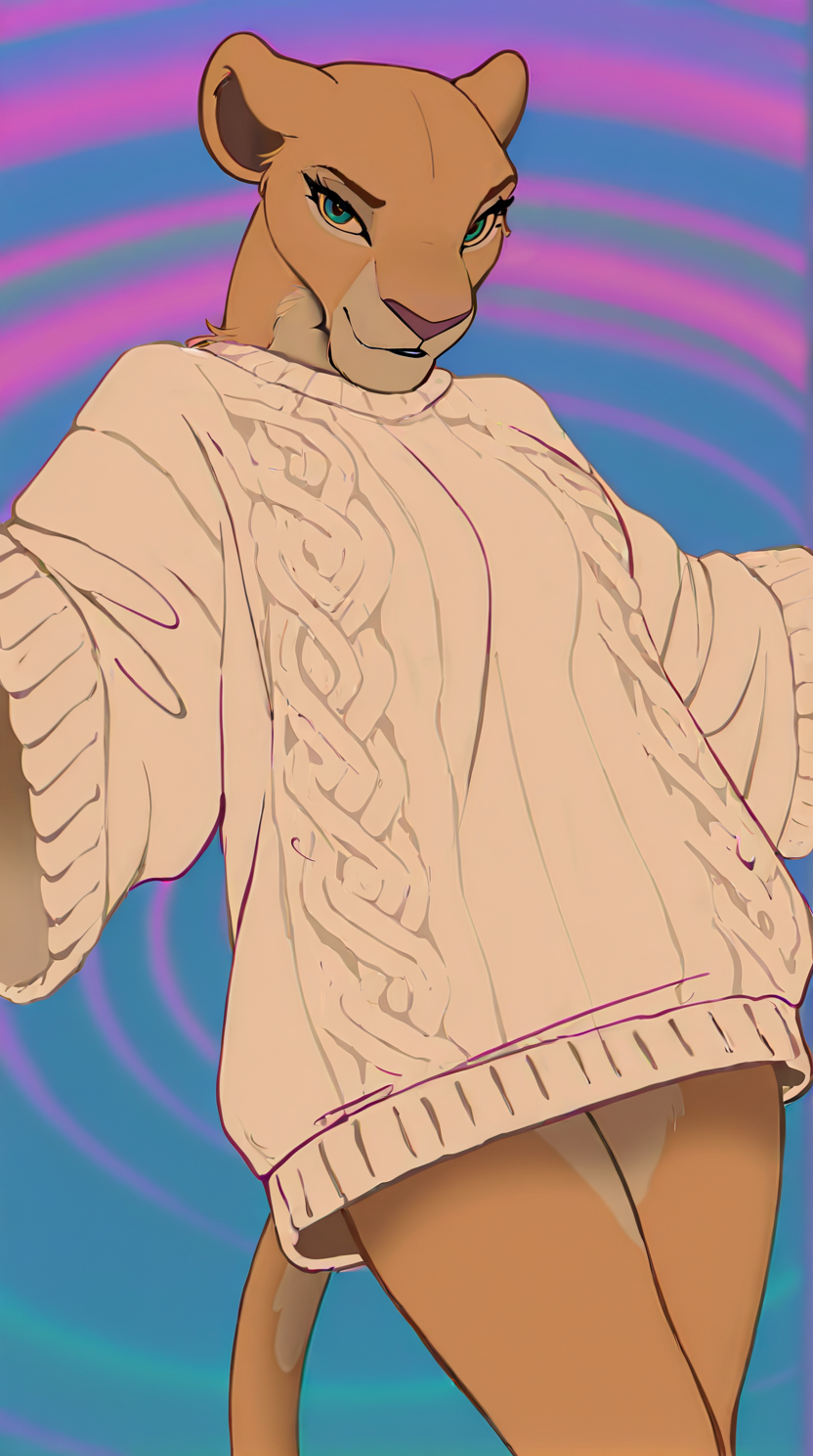 masterpiece, best quality, amazing quality, very aesthetic, absurdres, 1girl, solo, anthro, lioness, oversized sweater, bottomless, wide sleeves, psychedelic background, vibrant colors, pastel tones, bold lineart, flat shading, colorful swirl background, vaporwave influence, pop art aesthetic, dutch angle,
<lora:Lioness_Like_Lions_ill_FINAL_FINAL2:1>,âââ