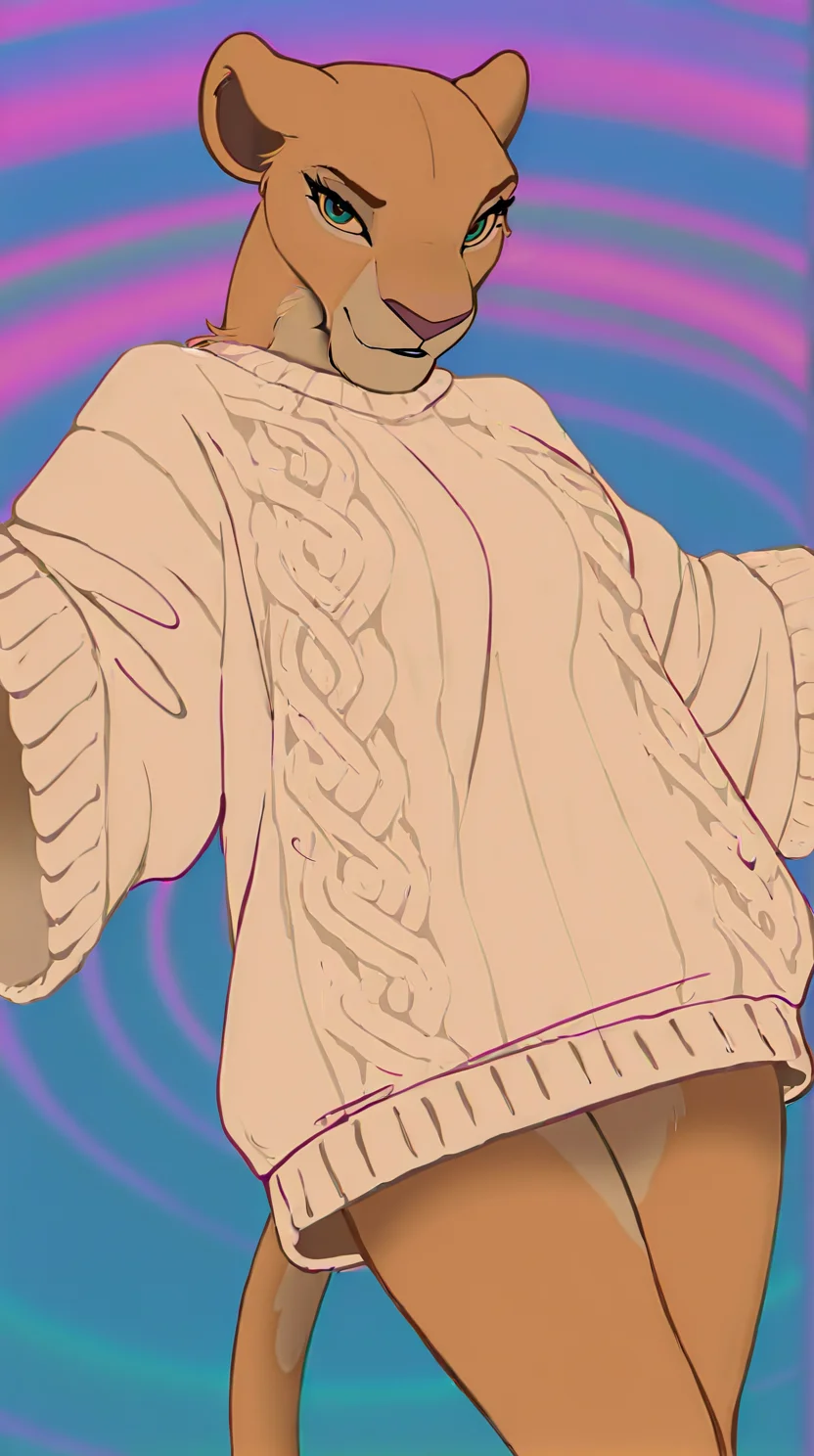 masterpiece, best quality, amazing quality, very aesthetic, absurdres, 1girl, solo, anthro, lioness, oversized sweater, bottomless, wide sleeves, psychedelic background, vibrant colors, pastel tones, bold lineart, flat shading, colorful swirl background, vaporwave influence, pop art aesthetic, dutch angle,
<lora:Lioness_Like_Lions_ill_FINAL_FINAL2:1>,âââ