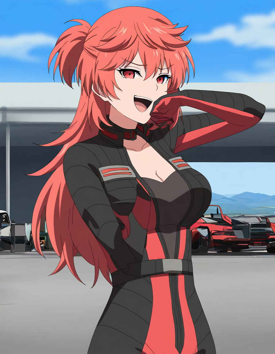 masterpiece, best quality, newest, absurdres, highres, safe,, <lora:aoi-hidaka-s1-illustriousxl-lora-nochekaiser:1>, aoi hidaka, long hair, pink hair, red hair, red eyes, ponytail, short ponytail,, bodysuit, black bodysuit, red bodysuit, cleavage,, parking lot, cars, asphalt, spaces, open, smile, ojou-sama pose, laughing, smug, hand to own mouth, open mouth, looking at viewer, solo,, cowboy shot