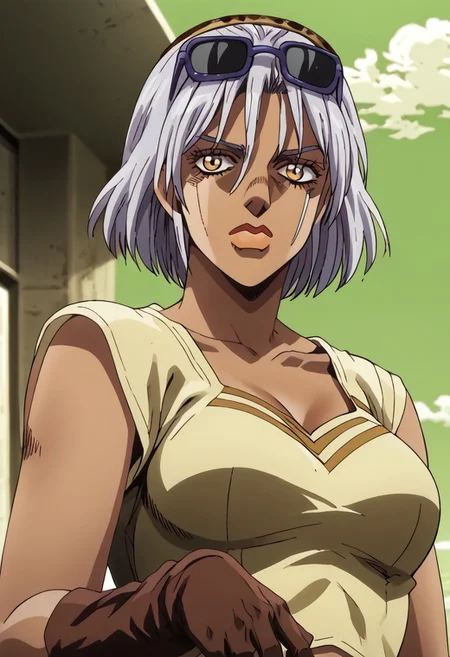 girl, white hair, tanned skin, sunglasses on head, neutralexpression, short sleeves, brown gloves, yellow top, front view, front shot, front_headshot,