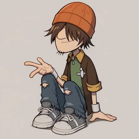 score_9, score_8_up, score_7_up BREAK WadeKB, 1boy, brown hair, orange beanie over eyes, beanie over eyes, hat over eyes, open yellow-collared short-sleeved brown jacket, yellow short sleeve cuffs, green undershirt, ragged jeans, gray white shoes, smiling at viewer,