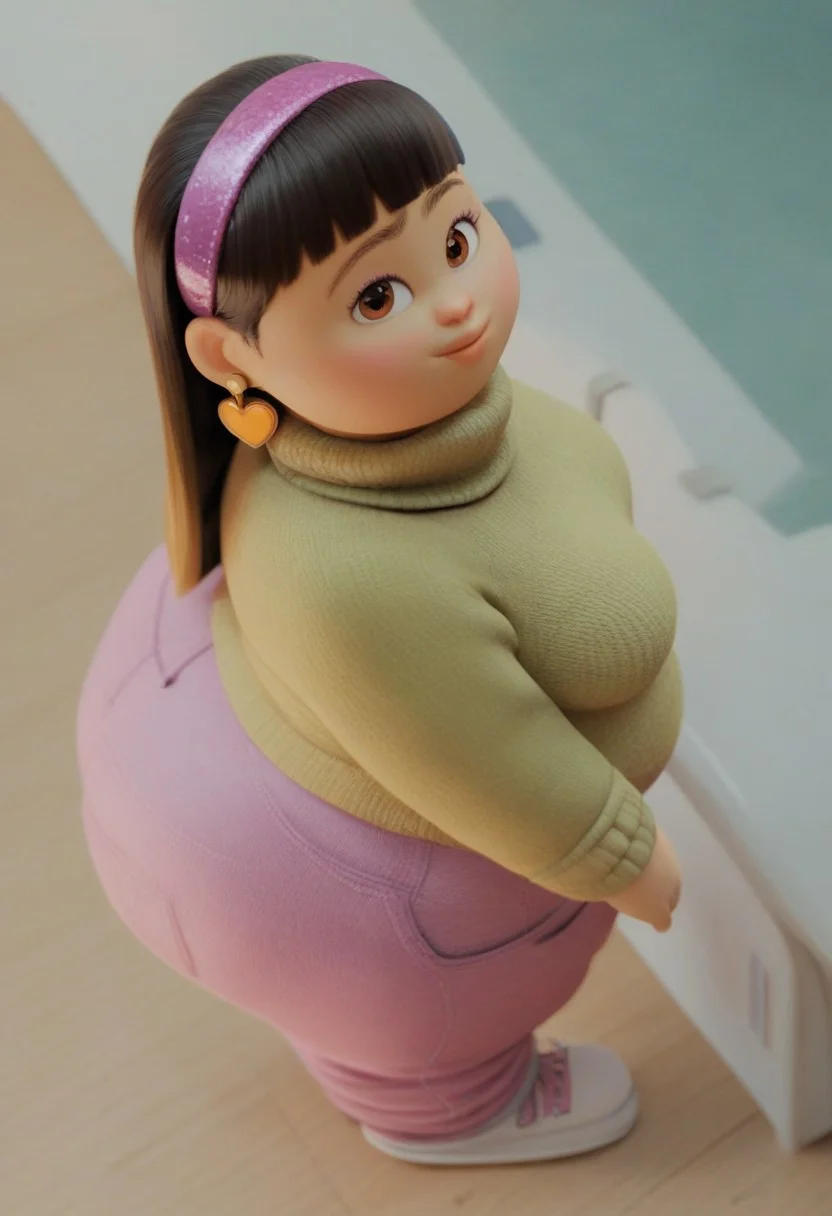 score_9, score_8_up, score_7_up, score_6_up, score_5_up, fat ass, huge ass, full body, school background, medium breasts, chubby, big belly, high angle view,
a_p, 1girl, plump, long black hair, fringe hair, brown eyes, hairband, heart earrings, green sweater, pink pants