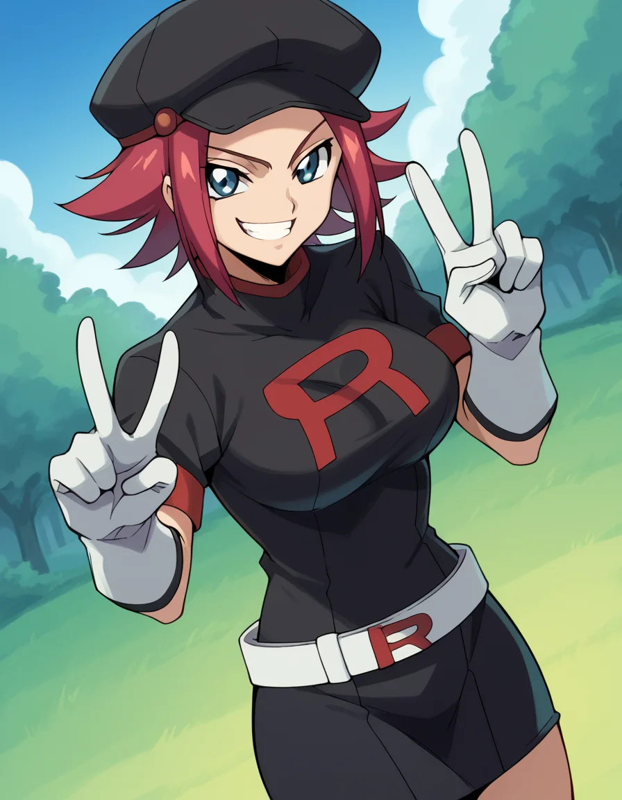 score_9, score_8_up, score_7_up, source_anime, <lora:kallen-stadtfeld-s1-ponyxl-lora-nochekaiser:1>, kallen stadtfeld, blue eyes, red hair, short hair, large breasts,, <lora:team-rocket-uniform-ponyxl-lora-nochekaiser:1>, team rocket uniform, black hat, black shirt, black skirt, white belt, white gloves, single letter,, smile, smug, v, outdoors,, cowboy shot, dutch angle, looking at viewer,