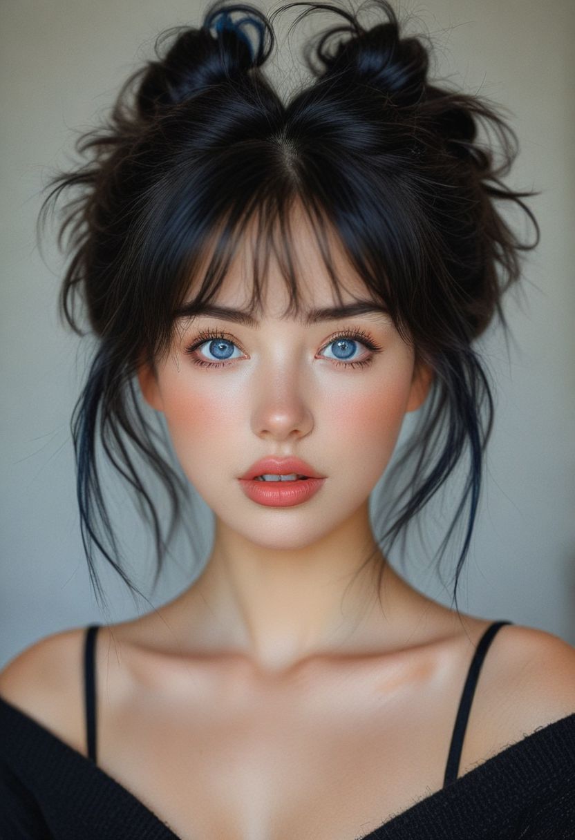 bellissima, 1girl, solo, looking at viewer, bangs, blue eyes, black hair, animal ears, parted lips, hair bun, blurry, lips, blurry background, messy hair, portrait, realistic