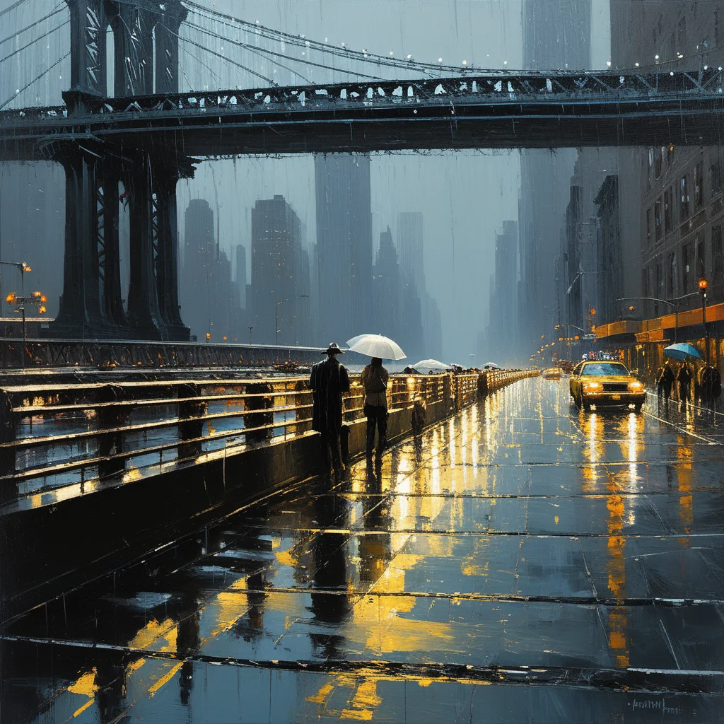 New York bridge, rain, people, canvas, oil paint, impasto brushstrokes, Richard Schmidt, Mark Legu, Jeremy Mann