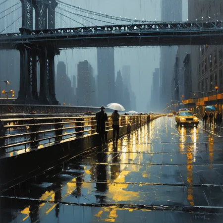 New York bridge, rain, people, canvas, oil paint, impasto brushstrokes, Richard Schmidt, Mark Legu, Jeremy Mann