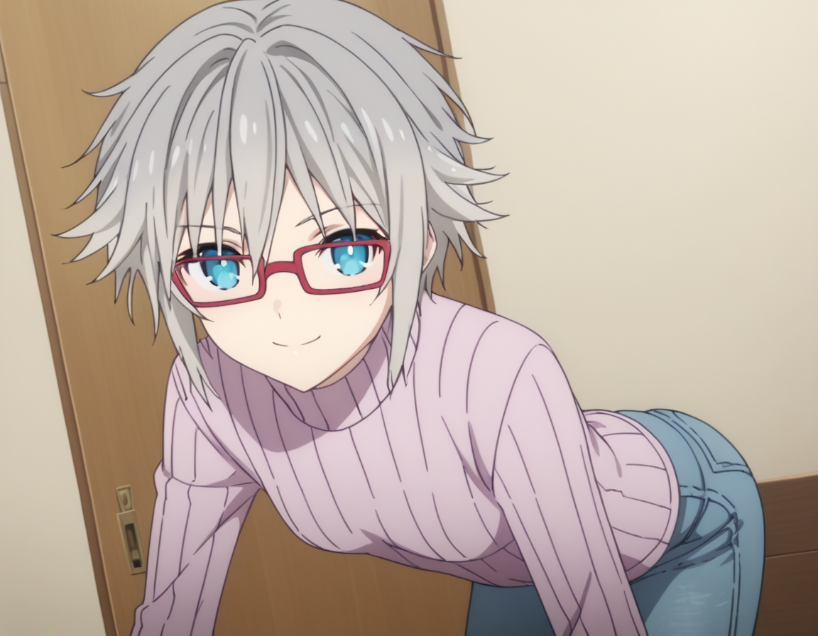 score_9, score_8_up, score_7_up, source_anime,
niahonjou,  <lora:nia-honjou-s4s5-ponyxl-lora-nochekaiser:1>,
nia honjou, short hair, blue eyes, grey hair, glasses, red-framed eyewear,
sweater, turtleneck, ribbed sweater, pants, denim,
indoors, bent over, smile,
looking at viewer, solo, cowboy shot, dutch angle,