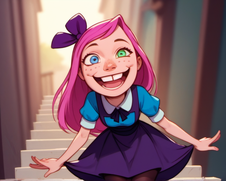 score_9, score_8_up, score_7_up, 1girl, solo, raisin1, pink hair, dress, smile, heterochromia, long hair, open mouth, freckles, pantyhose, teeth, <lora:Raisin:1>,