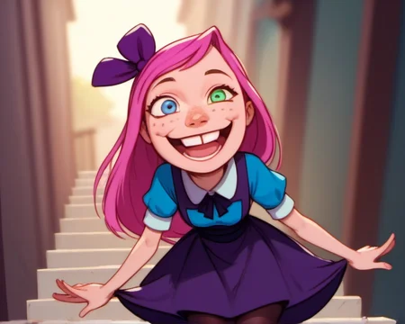 score_9, score_8_up, score_7_up, 1girl, solo, raisin1, pink hair, dress, smile, heterochromia, long hair, open mouth, freckles, pantyhose, teeth, <lora:Raisin:1>,