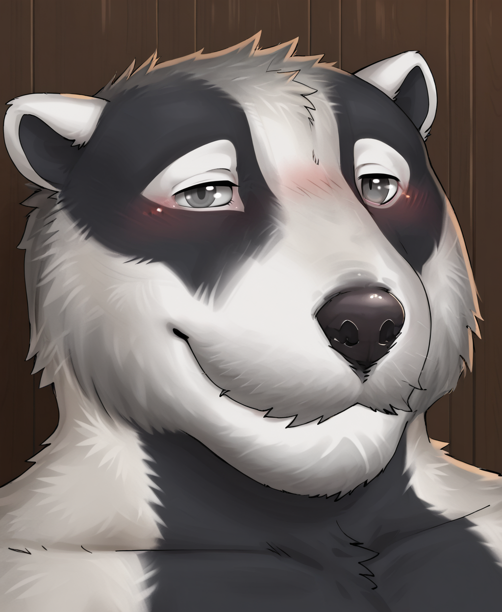 <lora:add-detail-xl:1>, detailed, detailed eyes, detailed fur, male, tail, solo,  <lora:NikPony:1>, nikolai krol, smile, grey eyes, blush