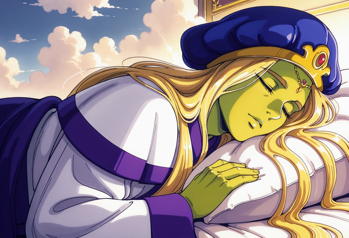 safe_pos, masterpiece, best quality, amazing quality, very aesthetic, absurdres, newest, creatorilxlffl1 sleeping surrounded by clouds, 1boy, male focus, mature male, adult male, blue turban, very long hair, blonde hair, green skin, white robes, sleeping, in bed, cloudy room, white clouds, bed, eyes closed, close-up, solo