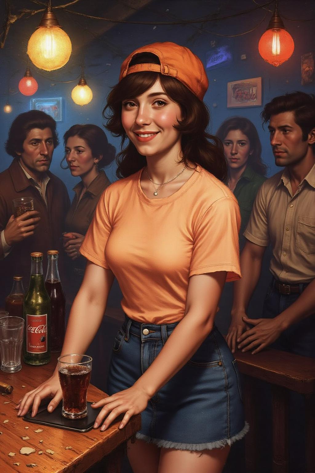 hansho1 painting
The air buzzes with the energy of a busy bar, a mix of music, conversation, and the clinking of glasses. A barmaid, the embodiment of youthful vibrancy, navigates the lively scene. She wears a peach-coloured T-shirt, the soft fabric contrasting with the smooth, cold glass of coke she carries on a small tablet. Her short skirt adds a playful touch, and a backwards baseball cap hints at a carefree attitude. The setting and atmosphere are palpable: the warm, slightly sticky surface of the bar counter under her fingertips, the dim, colourful lighting that casts playful shadows. Sensory details are abundant: the condensation forming on the glass of coke, the texture of her denim skirt, and the way the bar lights catch the highlights in her hair. Her confident stride, her quick smile, and her efficient movements. Stylistically, the image draws inspiration from the vibrant, candid shots of nightlife photographers, with a touch of the stylized realism found in contemporary illustration. There's a deliberate contrast between the barmaid's youthful energy and the slightly worn, lived-in atmosphere of the bar, creating a dynamic and engaging image.
  <lora:hansho1_cap_d6a3e12:1.0><lora:816879870626868224:0>
