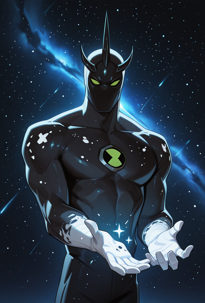 <lora:alienx-09:1> alienx, 1boy, green eyes, horns, matte black skin, upper body, dynamic pose, white hands, wide face, white spots on body, space background, stars, masterpiece, best quality, amazing quality, very aesthetic, absurdres, newest,