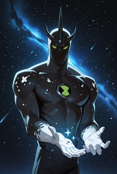 <lora:alienx-09:1> alienx, 1boy, green eyes, horns, matte black skin, upper body, dynamic pose, white hands, wide face, white spots on body, space background, stars, masterpiece, best quality, amazing quality, very aesthetic, absurdres, newest,