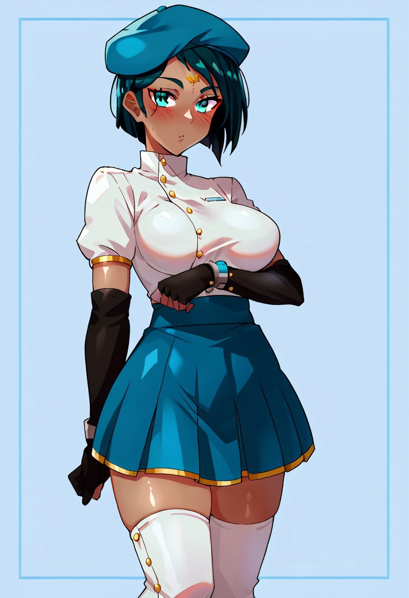 score_9, score_8, score_7, source_anime, ciel soleil, 1girl, solo, beret, gloves, looking at viewer, thighhighs, skirt, blush, thighs, large breasts