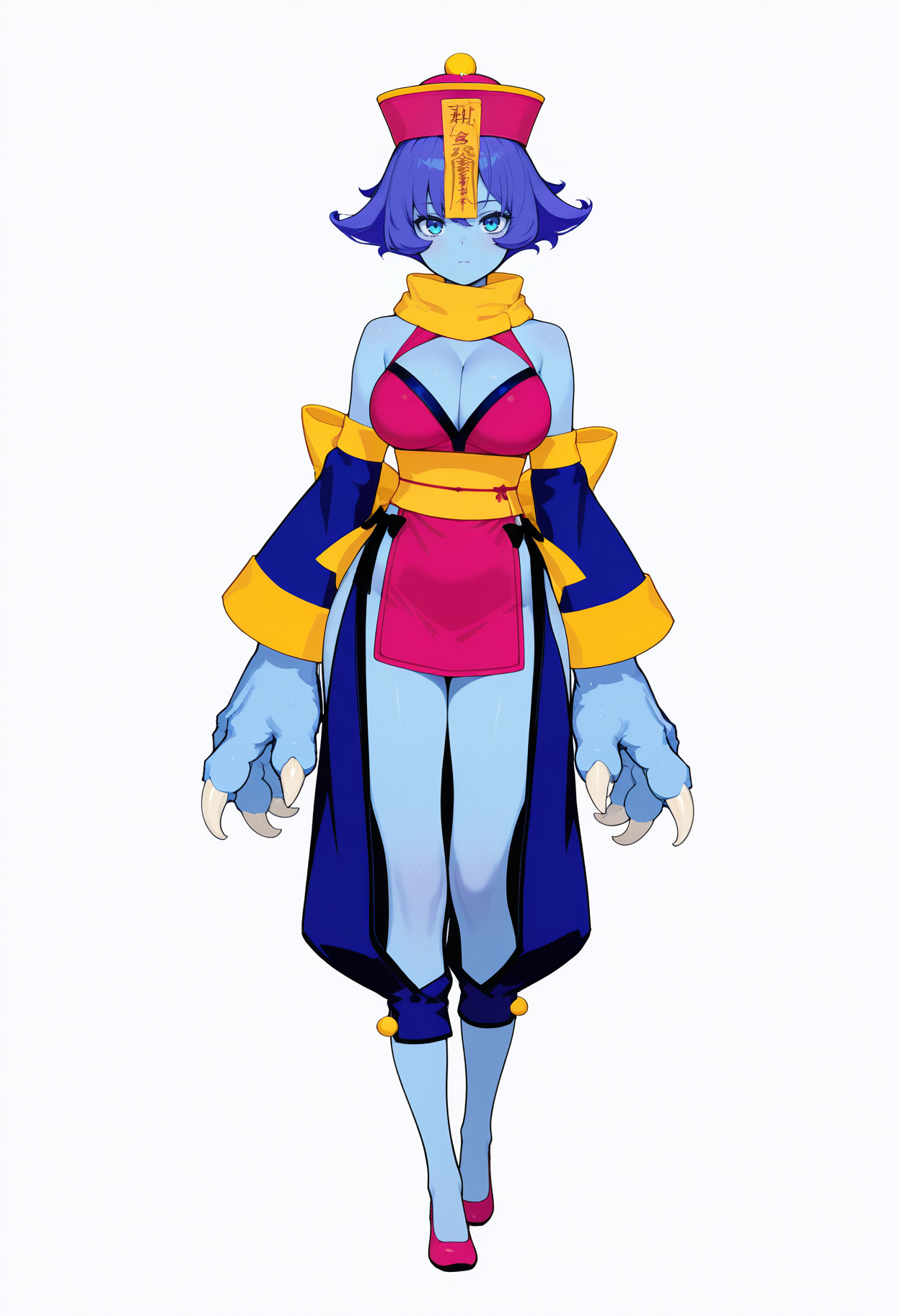 masterpiece, best quality,
1girl, solo, 
standing, 
looking at viewer,
<lora:Hsien-ko:1> hs13nsk, , colored skin, blue eyes, blue hair, flipped hair, claws, ofuda, qingdai guanmao,
detached sleeves, cleavage cutout, clothing cutout, scarf, chinese clothes, sash, bare shoulders, leg cutout, bow, 
simple background, white background,