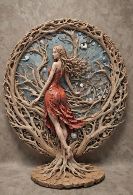 round plate on a display stand, hand Carved, 3D Seascape, abstract art, Carving, EPIC, Marbled Effect, <lora:3D_Framed_Wall_Art_-_By_DICE:0.4>, (3D Framed, girl in red dress), UHD, <lora:Driftwood_Detailed_Art_-_By_DICE:0.8> , driftwood red girl