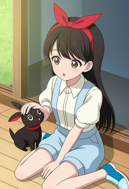 <lora:Anju-000030:1>,
Anju,blue footwear,suspenders,hairband,short sleeves,white shirt,bow,sitting,:o,skirt,shoes,collared shirt,red hairband,petting,puffy sleeves,wariza,1girl,solo,black hair,shorts