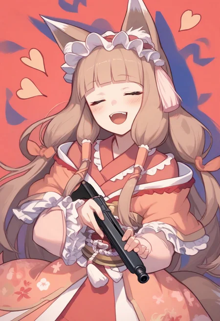 score_9, score_8_up, score_7_up, score_6_up, score_5_up, score_4_up, source_anime, 1girl, solo, (lips:0.9), maho normal, maho (princess connect!), animal ears, animal ear fluff, bangs, fox ears, frills, green eyes, kimono, long hair, fox girl, frilled hairband, blush, blunt bangs, hairband, pink kimono, wide sleeves, frilled sleeves, sidelocks, long sleeves, brown hair, fox tail, floral print, very long hair, bow, hair tubes, dress, light brown hair, pink dress, obi, sash, frilled ribbon, lolita_fashion, sleeves past wrists, hime cut, laughing, upper body, closed eyes, heart_in_mouth, XD, embrace a shotgun