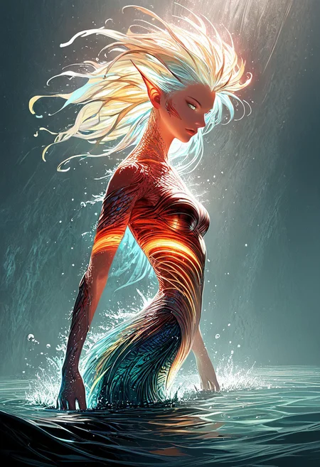 (score_9, score_8_up), score_7_up, zPDXL, solo, <lora:MythAnim3Style:0.8>, MythAn1m3,  source_anime, 1girl, mermaid, dark mysterious backgroud, Iridescent eyes, aquatic scene, dreamlike atmosphere, mystical, ethereal light, detailed textures, whimsical, rippling, dripping, water element, very long cascading hair, water, very beautiful, sexy, sexy body, beautiful body, scales, wet body, Iridescent scales, bubbles, water drops, Iridescent skin, multi colored eyes, partially underwater shot, watce, bioluminescent skin, bioluminescent, glowing, bioluminescent scales, bioluminescent hair,  FastNegativeV2, laser light clothes, submerged breast, water line on lense, view from under water, light hair, cool tones