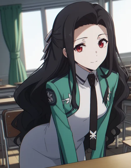 score_9, score_8_up, score_7_up, source_anime,
mayumisaegusa, <lora:mayumi-saegusa-s2-ponyxl-lora-nochekaiser:1>,
mayumi saegusa, long hair, black hair, red eyes, ribbon, hair ribbon,
long sleeves, dress, school uniform, pantyhose, necktie, white dress, black necktie,
indoors, classroom, bent over, smile,
solo, dutch angle, looking at viewer, cowboy shot,