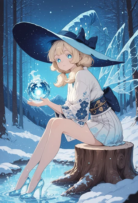Studio Ghibli Dark Fairytale, 2DVFX, masterpiece, best quality, very aesthetic, soft lighting, soft shadows, shaded, 
BREAK
1girl, solo, low twintails, fluffy blonde hair, fluffy bangs, swept front hair, round eyes, doe eyes, beautiful eyes, blue eyes, diamond-shaped pupils, white pupils, thick blonde eyelashes, 
medium breasts,
BREAK
white witch hat, wide brim, blue inner hat, blue hat bow, white kimono, floral print obi, pleated short skirt, crystal high heels, translucent crystal wings, 
BREAK
:<, sitting, on tree stump, from side, looking at viewer, casting water spell, liquids, water ripples, water balls, water orbs, cold tone, blue light, snow, mountains, pine forest