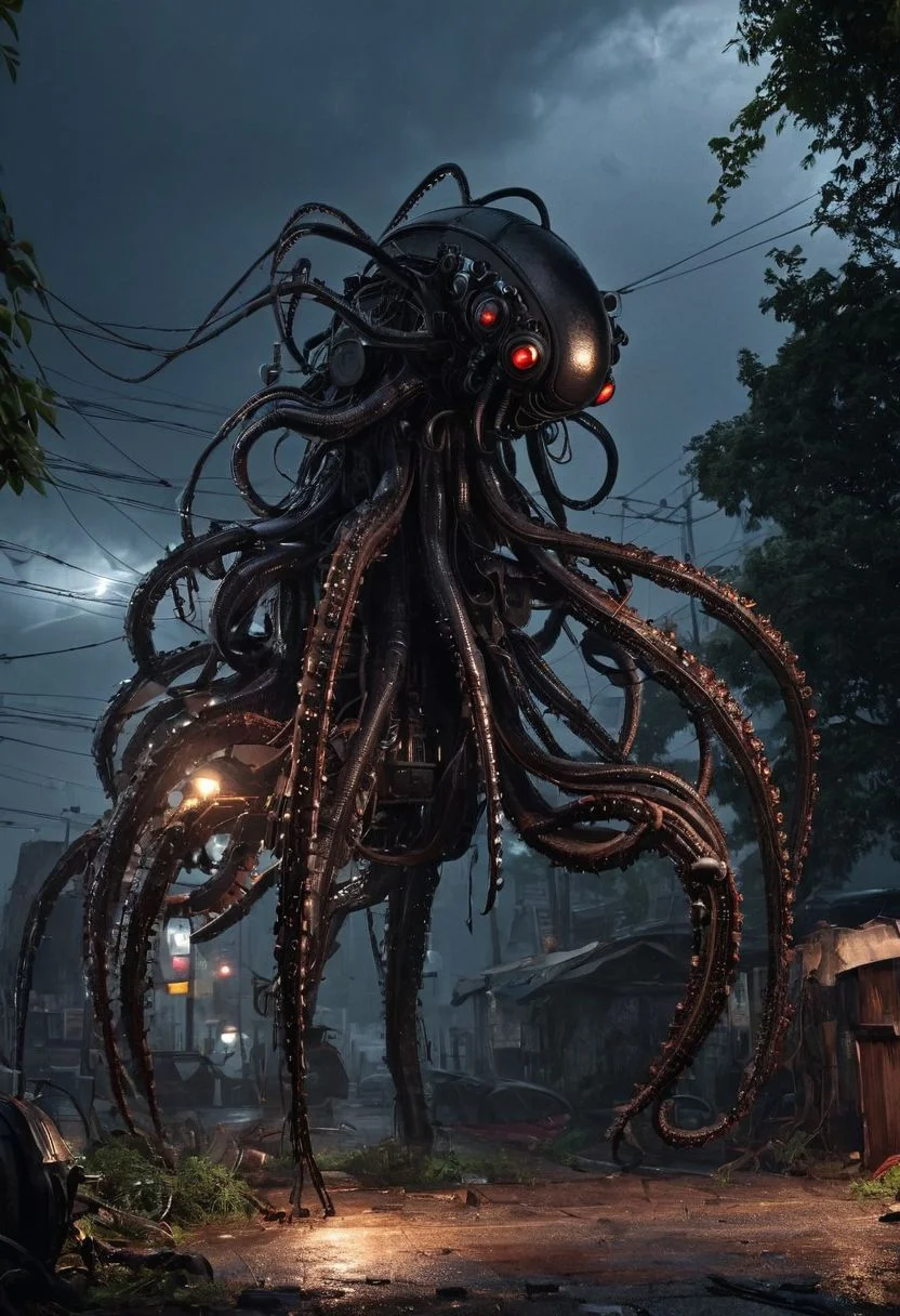 huge tall thing, sinister unsettling, (biomechanical) (weevil, octopus, heap of junk thing:1.3), (Realistic) (constructed from, old electrical wires and steel cables), pistons, hydraulics, excavator-parts scrap-metal, woven into muscles, other discarded metal machinery detritus forms bones and (symmetrical:0.1), (arm enormous:1.4), (hand is a twisted tangle of blades and spikes:1.4), (it has two main eyes that beam out light, it has several other smaller eyes dotted around its scrap metal head), (heavily rusted, (some parts look new) it is )standing by the side of a country road trying to blend in (hidden, hiding behind trees:1.4) (heavy rain and lightning:1.3) (illuminated only by lightning:1.4) (wet rusted metal:1.1) (very dark sky:1.4) (shadows) 8k, detailed (full body view) (Terrifying:1.5) (unnatural:1.4), (dark:2), (patched together:1.2), (dangling conduit wires) (silhouette:1.4) Radiant Darkness , Wasteland WorldS
