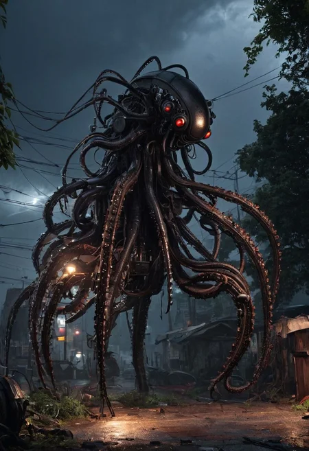 huge tall thing, sinister unsettling, (biomechanical) (weevil, octopus, heap of junk thing:1.3), (Realistic) (constructed from, old electrical wires and steel cables), pistons, hydraulics, excavator-parts scrap-metal, woven into muscles, other discarded metal machinery detritus forms bones and  (symmetrical:0.1), (arm enormous:1.4), (hand is a twisted tangle of blades and spikes:1.4), (it has two main eyes that beam out light, it has several other smaller eyes dotted around its scrap metal head), (heavily rusted, (some parts look new)  it  is )standing by the side of a country road trying to blend in (hidden, hiding behind trees:1.4) (heavy rain and lightning:1.3) (illuminated only by lightning:1.4) (wet rusted metal:1.1) (very dark sky:1.4) (shadows) 8k, detailed (full body view) (Terrifying:1.5) (unnatural:1.4), (dark:2), (patched together:1.2), (dangling conduit wires) (silhouette:1.4)  Radiant Darkness , Wasteland WorldS