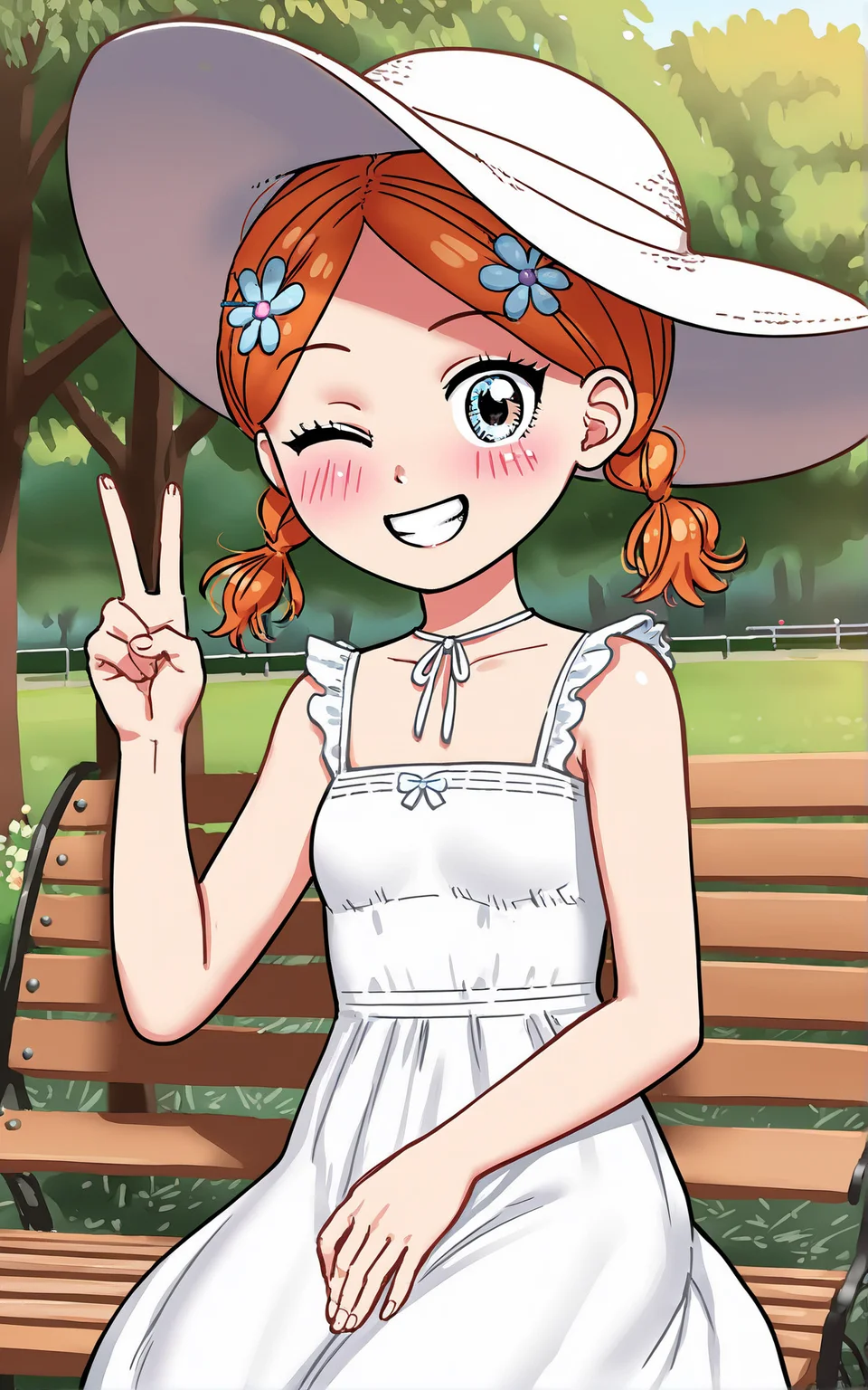 score_9_up, source_cartoon, suzieq, 1girl, orange hair, hair ornament, flower, hair flower, short hair, blue eyes,heterochromia, portrait. one eye closed. v. teeth. blush. hairclip, outdoors. twintails, braid. smile. park. sitting on park bench. sundress. sunhat.