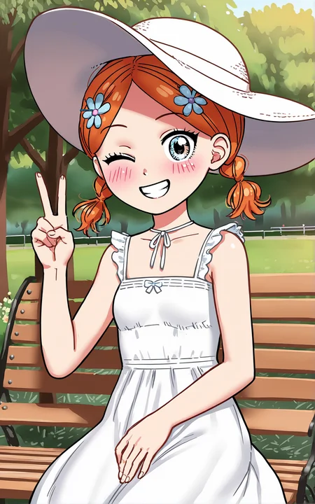 score_9_up, source_cartoon, suzieq, 1girl, orange hair, hair ornament, flower, hair flower, short hair, blue eyes,heterochromia, portrait. one eye closed. v. teeth. blush. hairclip, outdoors. twintails, braid. smile. park. sitting on park bench. sundress. sunhat.