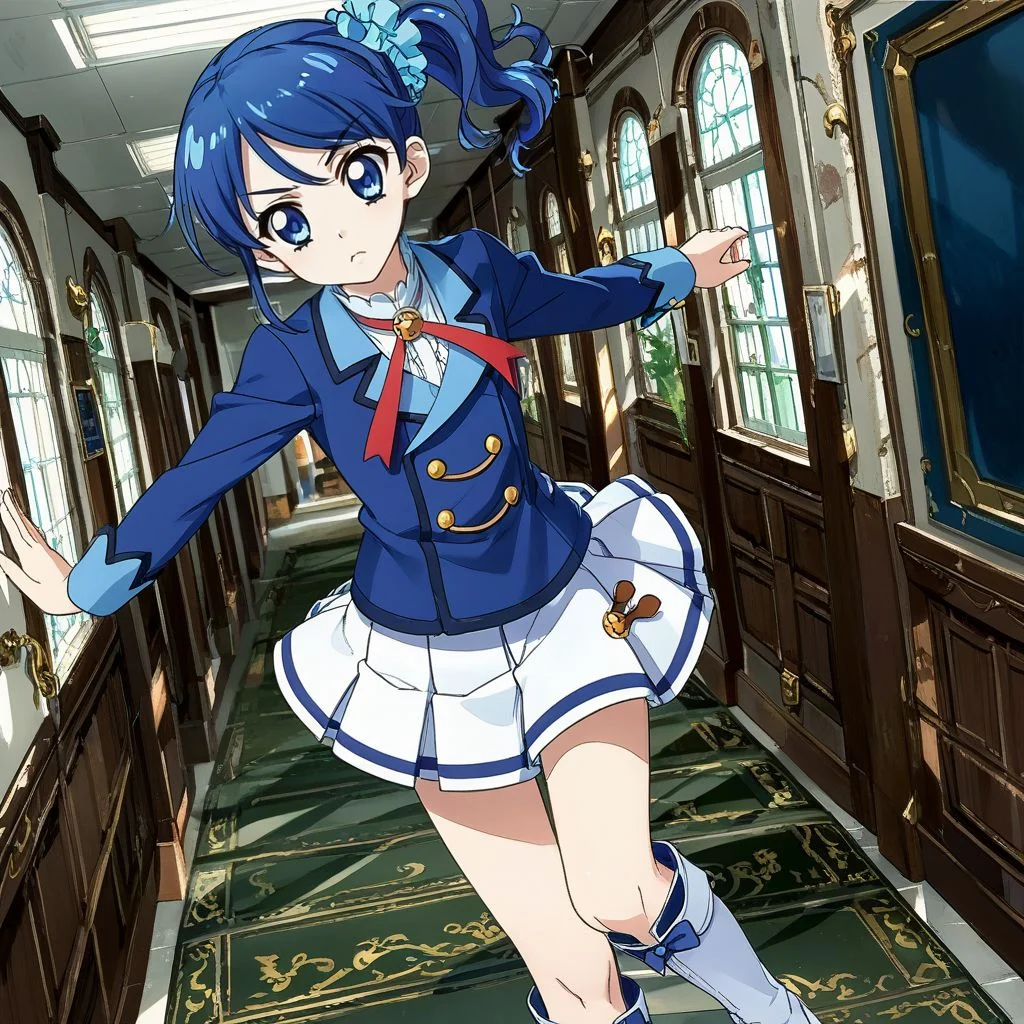 score_9, score_8_up,score_7_up,game cg,official art, uncensored, convenient censoring, covering privates,
rating_safe,
modeling, expressive hair, expressive clothes, dutch angle,wind
walking, hallway, serious,
kiriya aoi, blue hair, blue eyes, side ponytail, long hair,hair scrunchie, blue scrunchie, , <lora:aoinesan:0.8>,starlight academy school uniform,,blue jacket,white skirt, white footwear, knee boots,