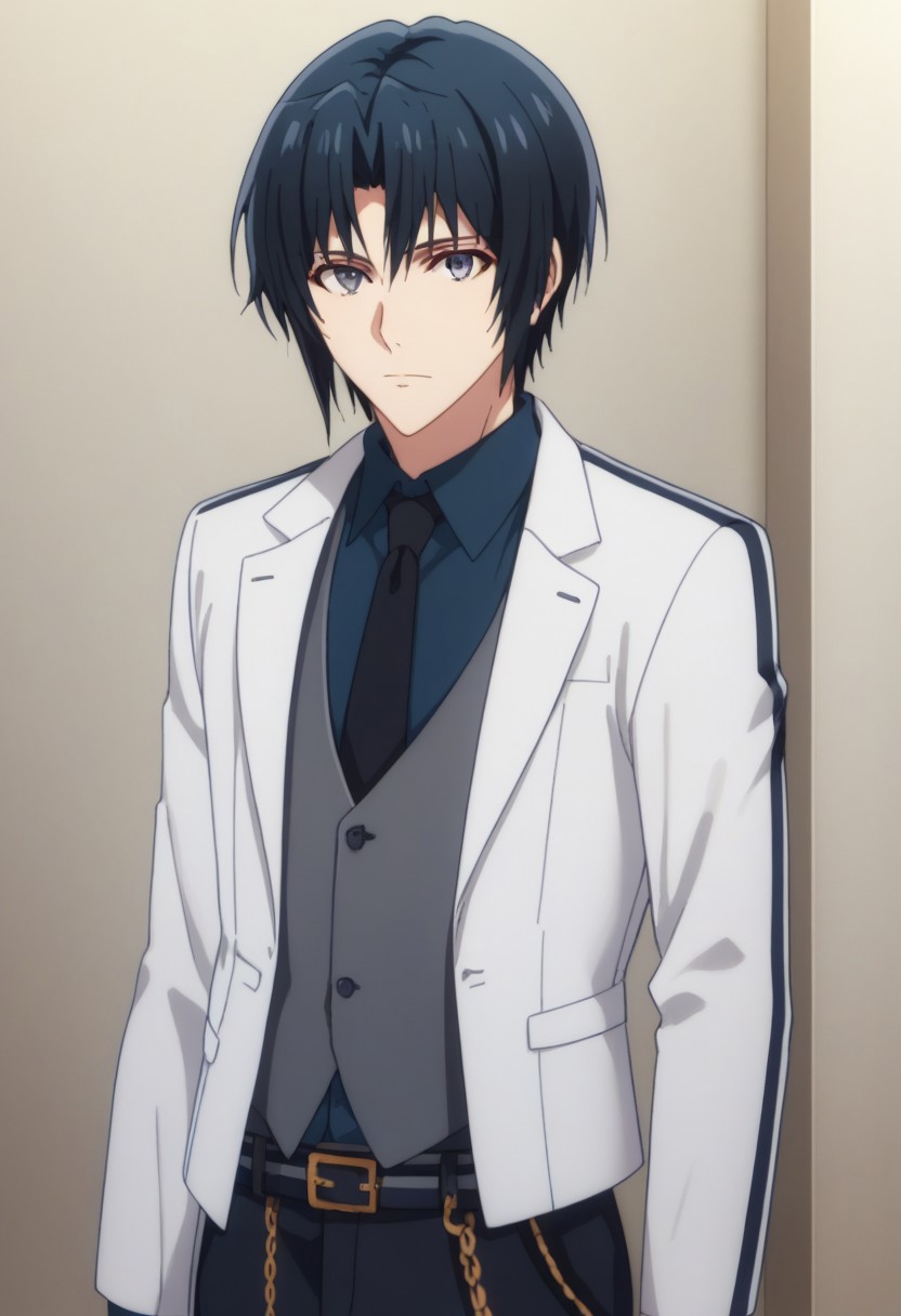 score_9, score_8_up, score_7_up, source_anime, highly detailed, 
iorizumi, 1boy, male focus, solo, black hair, looking at viewer, grey eyes, black eyes, belt, jacket, pants, shirt, white jacket, long sleeves, black necktie, aiguillette, formal. upper body,
indoor,