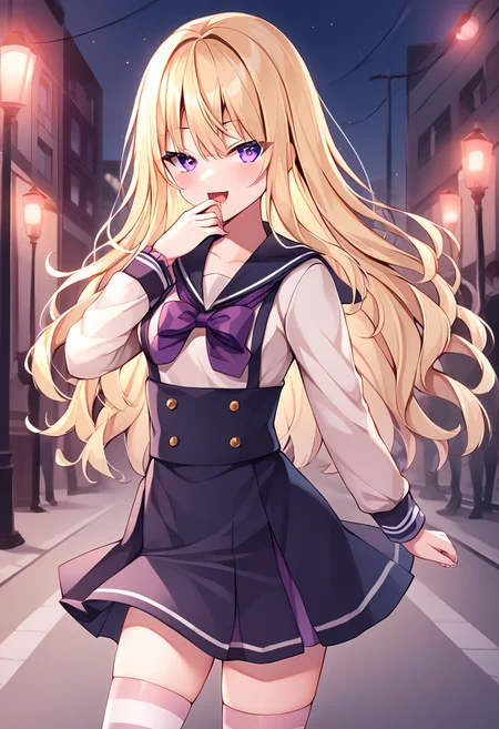 aria_tsukushi, long hair, blonde hair, loose hair, purple eyes, small breasts, serafuku, sailor collar, high-waist skirt, purple bow, stripped thighhighs, BREAK outdoors,city street, night BREAK sexy pose, looking at viewer, smug, mesugaki, open mouth, hand near mouth, cowboy shot, dynamic pose, BREAK score_9, score_8_up, score_7_up, source_anime ,zPDXL, perfect hand, <lora:Aria:0.8>,