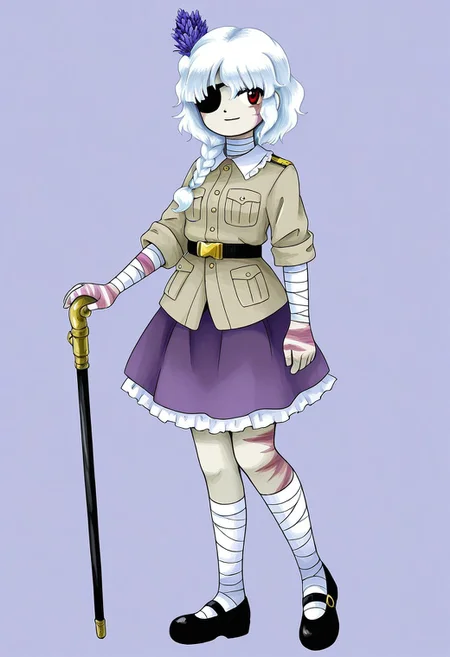 watercolor, aesthetic, colorful, jaggy lines, zun \(style\), BREAK, 1girl, solo, (tall, slanted eyes, red eyes, black plain eye patch, white hair, braid, hair over shoulder, (Hyacinth flower in hair:1.1), khaki military jacket, rolled sleeves black belt, gold buckle, frilly skirt, closed jacket, white shirt collar, purple skirt, (scarred skin, burn scars,) bandages over neck, bandages over arms, bandages over legs, leg wraps, mary janes, black footwear, cane), standing, full body, simple background