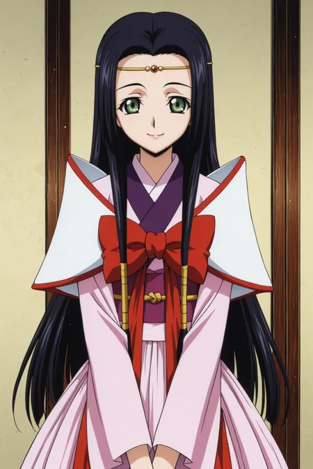 Kaguya Sumeragi,1girl,solo,long hair,black hair,japanese clothes,circlet,sash,bow,kimono,red bow,green eyes,dress,smile,looking at the viewer,v arms,
<lora:Kaguya_Sumeragi_Code_Geass:0.5>,
<lora:Takahiro Kimura_illustriousXL:1>,