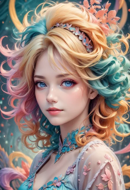 Romantic Rosette dress2, (knee shot), (Surreal), (illustration), (Resolution enhancement), (8k), (Very detailed), (Best illustration), (Beautiful and delicate eyes), (best quality), (Super detailed), (masterpiece ), ( wallpaper), (Detailed face),one blonde, curls,(High top fade in and out:1.3), (Smile brightly, bright look), dark theme, soothing tone, pastel colors, high contrast, (natural skin texture, SurrealN;NI, soft light, Impatient),exposure blending, medium shot, Bokeh, (human development report:1.4), high contrast, (Movie, teal and orange:0.85), (pastel colors, fade, soothing tone:1.3), high saturation, (Super detailed:1.2)