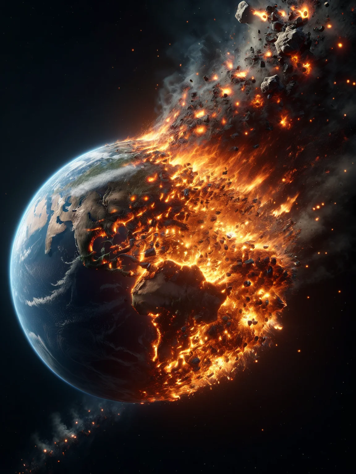 mad-embr earth burning and breaking in to debris, flame trail, space <lora:Embers_Style_SDXL:0.8>, (masterpiece:1.2), best quality, (hyperdetailed, highest detailed:1.2), high resolution textures