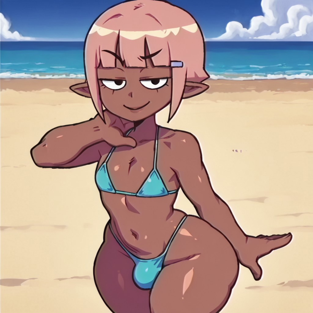 ,1boy,femboy,Mr.Jin,pink hair,dark-skinned male,smile,looking at viewer,smug,,beach,bikini,wide hips,large thighs,bulge,solo,expressive, masterpiece,best quality,amazing quality