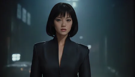 Motoko Kusanagi in Blade Runner 1982, neo noir, cyberpunk, cinema still medium shot 8k, wearing school uniform