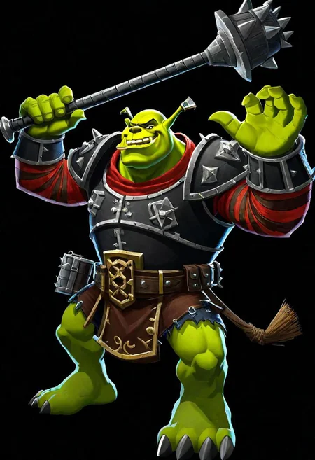 ncrender of shrek as a warhammer ork,simple background,black background