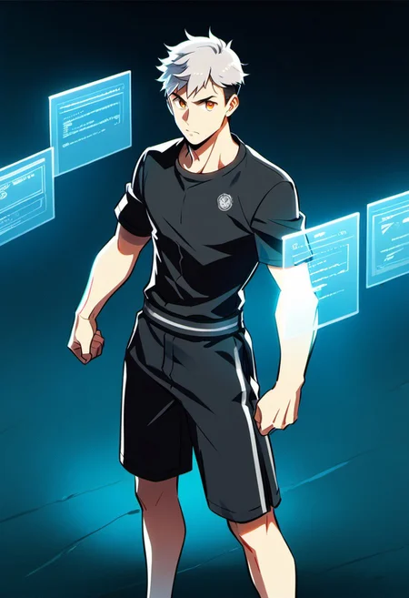 cartoon art style, adult, no shoes on, ((masterpiece)), ((best quality)), ((ultra-detailed)), score_9_up, score_8_up, score_7_up, HD, top quality, best quality, High-quality illustrations, anime screencap, masterpiece, best quality, amazing quality, (Cartoony), thick outlines, 1boy, BREAK man male guy, platinum hair, very short hair, messy hair, curly hair, dark side fade hair, dark side cut hair, robotic orange eyes, holographic eyes, defined chin, chiseled face, athletic slim body, light skin tone, black shorts, plain silver shirt, standing, BREAK simple blank background