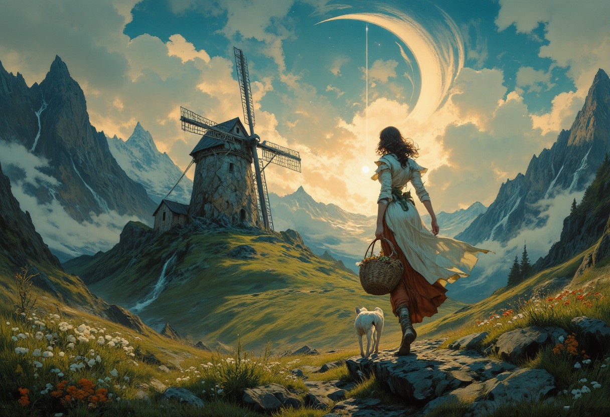 8k high quality digital painting , masterpiece, very detailed, ultra realistic, (best quality) very detailed epic masterpiece, 
unearthly beautiful, a breathtakingly beautiful landscape in the French Alps, in the foreground a woman carries a basket under her arm to a windmill on a path, a dog follows her, the low sun casts long shadows, enchanting landscape, fairytale-like, calm romantic mood, flowers in the foreground, realistic