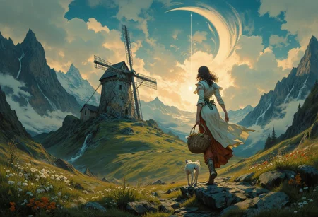 8k high quality digital painting , masterpiece, very detailed, ultra realistic, (best quality) very detailed epic masterpiece,
unearthly beautiful, a breathtakingly beautiful landscape in the French Alps, in the foreground a woman carries a basket under her arm to a windmill on a path, a dog follows her, the low sun casts long shadows, enchanting landscape, fairytale-like, calm romantic mood, flowers in the foreground, realistic