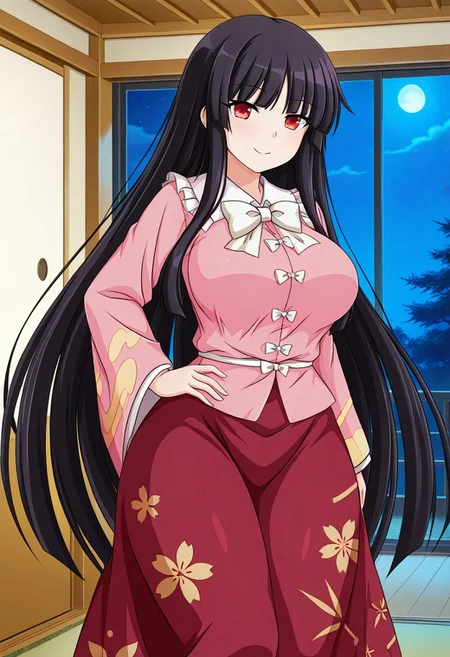 ((megamoo style)), ((inside)), ((Japanese room)), ((window)), ((night)), 1girl, solo, standing, (posing), smile, ((houraisan kaguya)), ((big breasts)), ((thick thighs)), looking at viewer, ((houraisan kaguya)), (long hair), (black hair), hime cut, blunt bangs, (very long hair), (red eyes), shirt, long sleeves, pink shirt, wide sleeves, skirt, red skirt, bow, bowtie, white bow, collared shirt, frills