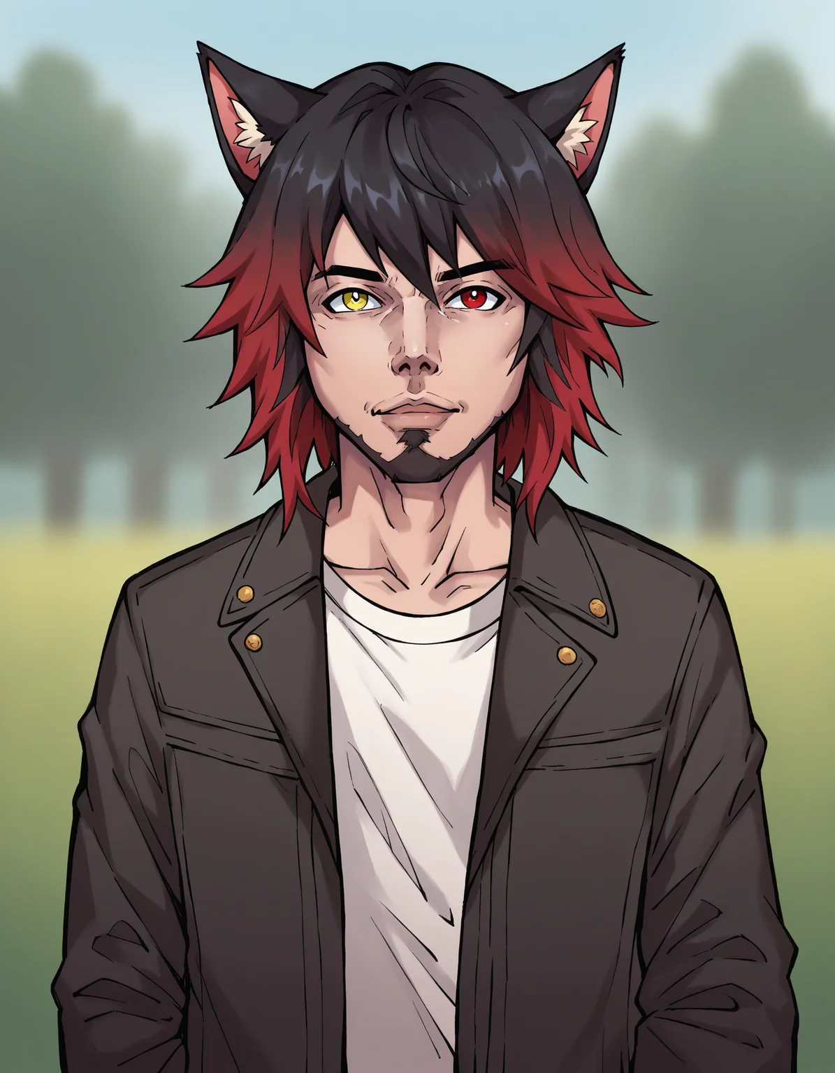 score_9, score_8_up, score_7_up, score_6_up, score_5_up, score_4_up, heterochromia, animal ears, solo, 1boy, male focus, red hair, multicolored hair, cat ears, looking at viewer, jacket, shirt, gradient hair, yellow eyes, red eyes, black hair, two-tone hair, facial hair, medium hair, depth of field, outdoors, cinematic angle, flat color, dskflatz , <lora:Dskart_PnyXL_V2:0.8>