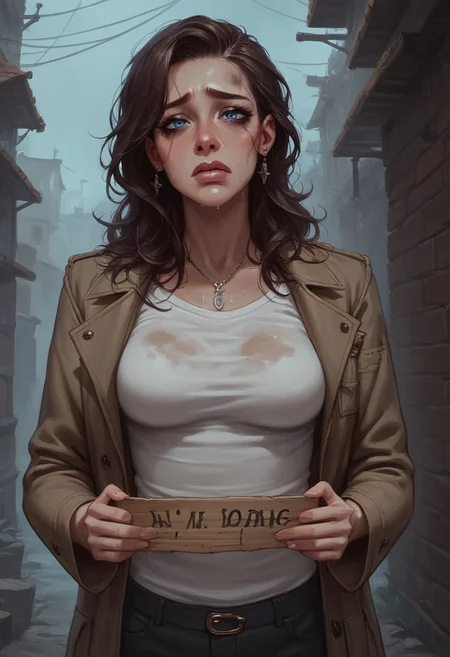 score_9, score_8_up, score_7_up, score_6_up, score_5_up, score_4_up, masterpiece, dirty face, sad eyes, blue eyes, brown hair, dark alley, at night, poor girl, 1girl, holding a cardboard sign that says "Donate Buzz please" on it, mature female, solo, sandles with dirty socks, dressed as a hobo, homless, long brown ran down trench coat, black under shirt ,saggy black sweat pants, standing, begging pose, sad, depressed look, ((half body shot:1.5)), (medium breasts:1.3), front view, female focus, looking at viewer,