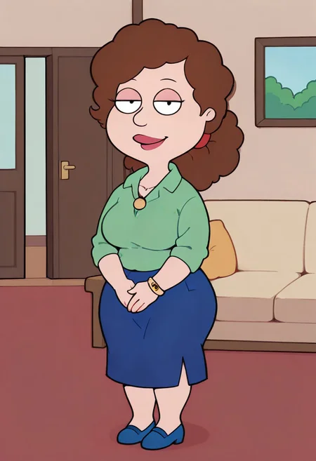 score_9, score_8_up, score_7_up, score_6_up, high quality, rounded eyes, style parody, cartoon style, 1girl, solo, living room, couch, indoors,
BREAK
unnamed girl, brown hair, black eyes, (mature female:1.5), (plump:1.2), large breasts, gigantic ass, gigantic hips, green sweater, rolled up sleeves, blue skirt, navy blue shoes, own hand together, smile, looking at viewer, long skirt, half-closed eyes, necklace,