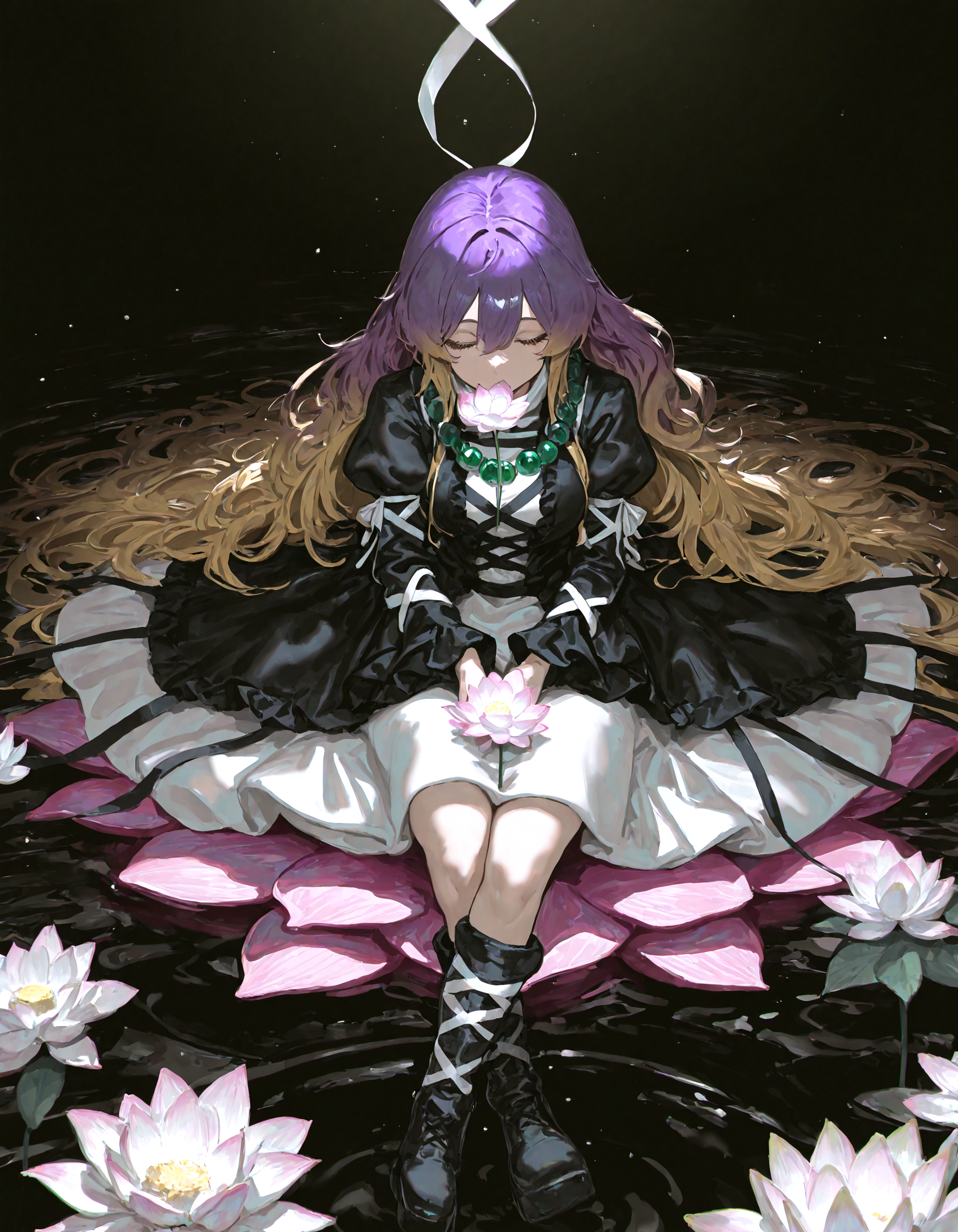 1 girl,, hijiri_byakuren,arm_ribbon ,bead_necklace, beads, black_background, black_dress ,black_footwear, black_sleeves ,blonde_hair ,boots ,center_frills, closed_eyes, cross-laced_clothes ,cross-laced_dress, cross-laced_footwear, crossed_legs, dress, eyelashes, flower ,flower_to_mouth ,frills, full_body ,gradient_hair ,holding, holding_flower, jewelry, juliet_sleeves, knee_boots ,layered_dress ,long_dress ,long_hair ,long_sleeves ,lotus ,multicolored_hair ,necklace, prayer_beads ,puffy_sleeves ,purple_hair, reflection, reflective_water, ribbon ,sitting ,sitting_on_liquid, solo, very_long_hair ,white_dress ,white_flower, white_ribbon,
, munakata_(sekimizu_kazuki),dekosukentr ,ireading,kubo_tite_(style) ,remyaruku65, negative space, cinematic shot, very awa,
,masterpiece, best quality, newest, absurdres, highres,
, <lora:add-detail-xl:0.5>,  <lora:USNR STYLE_XL_loha:0.6>, <lora:cfg_scale_boost:0.4>,